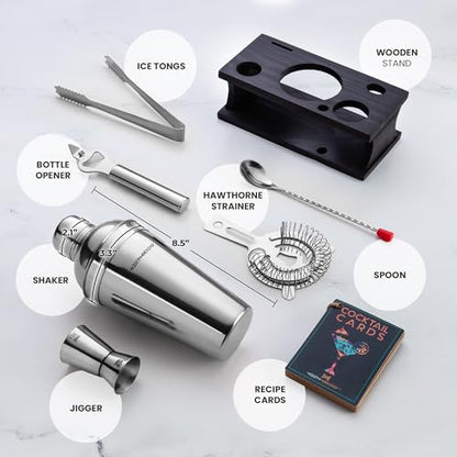 Cocktail Shaker Set - Bartender Kit with Pine Stand | Leak-Proof Design | Includes Martini Shaker, Jigger, Strainer, Spoon, Tongs | Perfect Bar Tools Gift for Home Mixology (Silver) - color: Silver / Dark Stand, size: 8 Pieces
