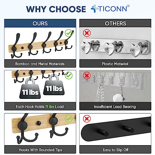 TICONN Wall Mounted Coat Rack, Five Heavy Duty Tri Hooks All Metal Construction for Jacket Coat Hat in Mudroom Entryway (Wood Black, 2-Pack) - color: Wood Black