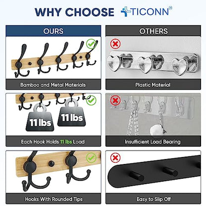 TICONN Wall Mounted Coat Rack, Five Heavy Duty Tri Hooks All Metal Construction for Jacket Coat Hat in Mudroom Entryway (Wood Black, 2-Pack) - color: Wood Black