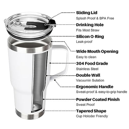 20 oz Tumbler with Handle, Stainless Steel Insulated Tumbler with Lid and Straw, Double Wall Vacuum Coffee Mug Tumbler, Insulated Coffee Thermal Cup for Cold and Hot (White) - color: White, size: 20 Ounces
