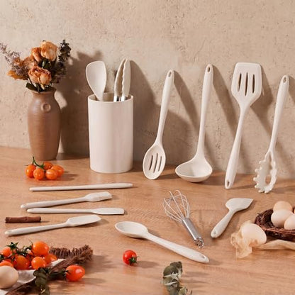 LIANYU 14 Pcs Silicone Cooking Utensils Set with Holder, Khaki | Kitchen Utensils Set for Non-Stick Cookware, 446°F Heat Resistant Cooking Tools with Comfort Grip Handle, Dishwasher safe - color: Khaki