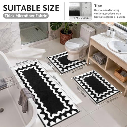 Findosom Bathroom Rugs Sets 3 Piece, Absorbent Soft Non-Slip Bath Rug Set | Washable Microfiber Shaggy Scalloped Bath Mat Set with Bathroom Runner Rug, U-Shaped Toilet Rugs, Shower Rug, Black - color: Black & White, size: 18"x26"+18"x48"+U 20"x24"