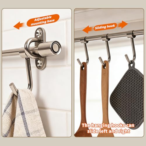 15.7" Kitchen Utensil Rack with 7 Sliding Hooks, 304 Stainless Steel Kitchen Rail with Hooks, Utensil Hanging Rack Wall Mounted, Pots and Pans Hanging Rack 2 Packs