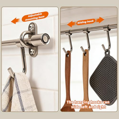 15.7" Kitchen Utensil Rack with 7 Sliding Hooks, 304 Stainless Steel Kitchen Rail with Hooks, Utensil Hanging Rack Wall Mounted, Pots and Pans Hanging Rack 2 Packs