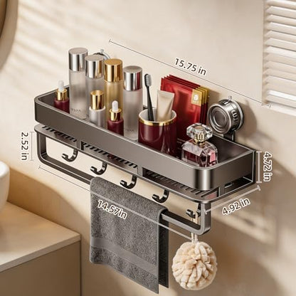 Suction Cup Shower Caddy,No Drilling, Rectangular, Grey,1-Pack | Shelf for Inside Shower, Heavy Duty Carbon Steel, Towel Bar & Hooks, Rust-Resistant, Bathroom Organizer Storage Rack - color: Grey,1-Pack