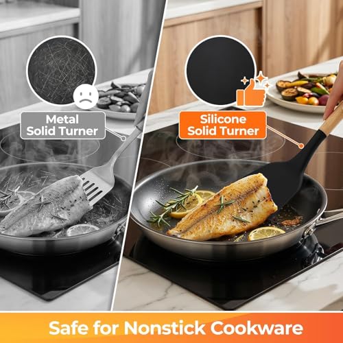 33Pcs Kitchen Utensils Set Silicone Cooking Utensils Set with Wooden Handle | Heat-Resistant, Dishwasher Safe, BPA-Free Silicone Kitchen Utensil Set with Wooden Handles & Holder for Nonstick Cookware - color: Black