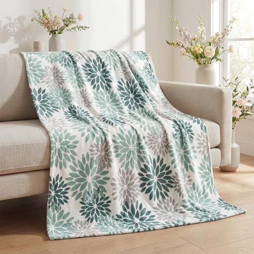 Horaldaily Dahlia Pinnata Floral Green Grey Flannel Throw Blanket 50x60 | All Season Using Ultra Soft Fuzzy Plush Cozy Non-shedding Blanket for Couch Sofa Bed Camping, Ideal Gift for Kids Adults - color: Green Grey, size: Throw(50x60'')