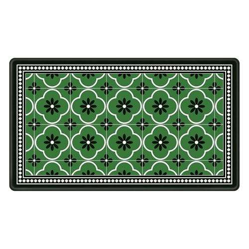 Vintage Floral Tile Kitchen Rug, Geometric Non Slip Mat for Floor | Thick Cushioned Anti-Fatigue Decor Runner Rug, PVC Soft Comfort Waterproof Standing Mat for Sink Laundry Front & Indoor Doors - color: Ink Green Begonia, size: 18"x30"