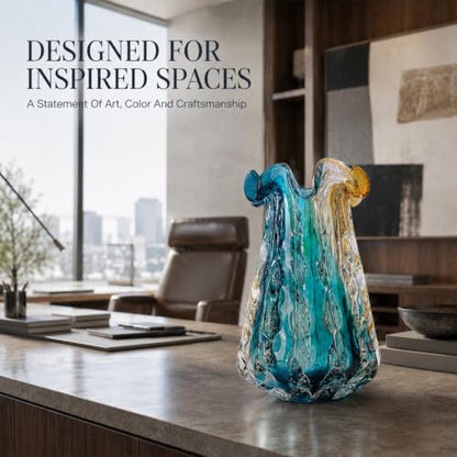 14.6" Tall Large Clear Glass Vase Wide Mouth, Pretty Hand Blown Glass Vase for Bouquet, Unique Teal and Amber Sea Vases for Modern High End Living Room, Office, Dining Table Centerpieces - size: Large