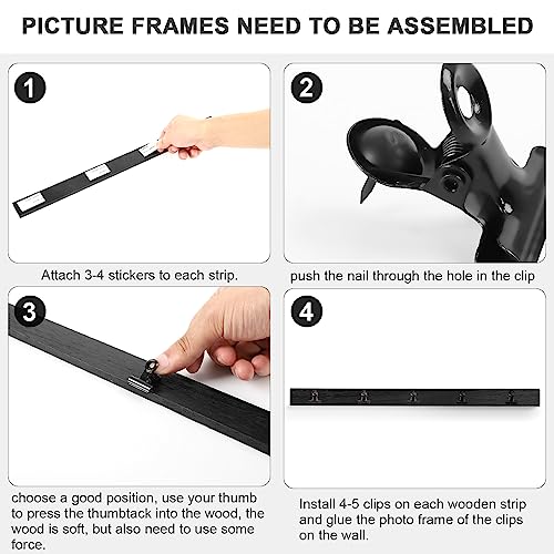 6 Picture Frames Collage Wall Decor With 30 Clips, Wood Photo Frame, No Drilling Required, Adhesive Stickers, Easy to Install, Black. - color: Black