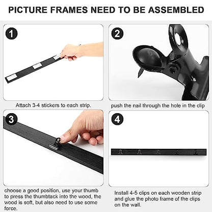 6 Picture Frames Collage Wall Decor With 30 Clips, Wood Photo Frame, No Drilling Required, Adhesive Stickers, Easy to Install, Black. - color: Black