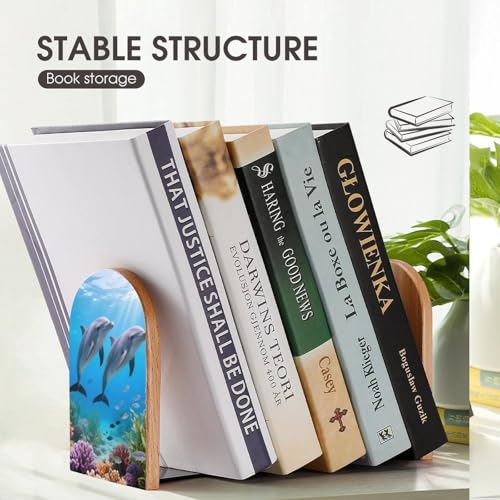 Dolphin Book Ends for Shelves - 2 Pack Handmade Wooden Bookends with Metal Base, Sturdy Book Holder for Heavy Books Modern Decorative Book Stopper for Home Office