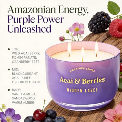Hidden Label Acai Berries Candle, 18oz Soy 3-Wick, 70H Aromatherapy | Purple Gradient Decor | Triple Cotton Even Melt | Non Toxic Plant Wax | Mood Boost Energy | Gift Ready Gold Lid - color: Acai & Berries