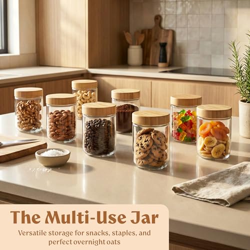 Overnight Oats Containers with Lids - Glass Mason Jars, Meal Prep | Bamboo Wood, Airtight Silicone Seal Set of 4 - Stackable for Chia Pudding, Yogurt, Cereal, Oatmeal, Salad, Pantry Storage - color: 4 pack - Bamboo Lid no Spoons