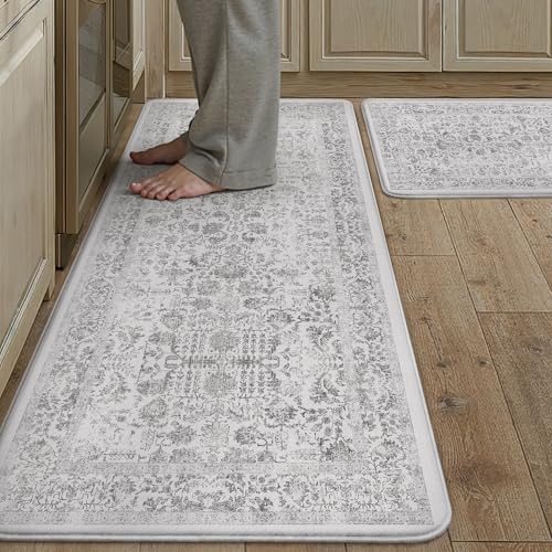 Kitchen Mats 2PCS Anti Fatigue Cushioned Mat Black Vintage Kitchen Mats for Floor Waterproof Non Slip Comfort Standing Retro Floral Rug for Sink Laundry Office 17.3"x47"+17.3"x30" - color: Accent | Black, size: 17.3"x47"+17.3"x30"--0.4inch