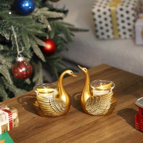2 Pack Swans Tealight Candle Holder Statue, Gifts for Women Her Wife Mom | with Flameless Candle, Decorative Votive Candle Holders for Home Decor Living Room, Wedding Gifts, Anniversary Birthday Gifts