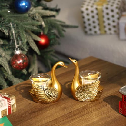 2 Pack Swans Tealight Candle Holder Statue, Gifts for Women Her Wife Mom | with Flameless Candle, Decorative Votive Candle Holders for Home Decor Living Room, Wedding Gifts, Anniversary Birthday Gifts