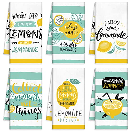 Redbaker 6 Pcs Lemon Kitchen Towels with Hanging Loop | Decorative Absorbent Hand Tea Cloths with Hanging Loop, Lemonade Design for Kitchen Decor, Ideal Housewarming Gift Choice - style: Lemon