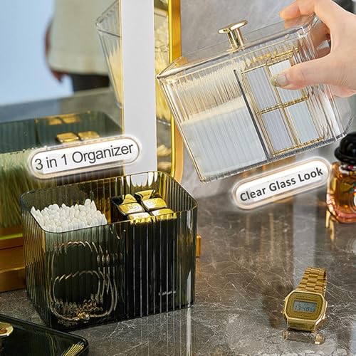 Qtips Holder Bathroom Container,3-Section Cotton Ball/Swabs Dispenser,3 Grids Apothecary Jar Organizer, Cosmetics Storage for Vanity
