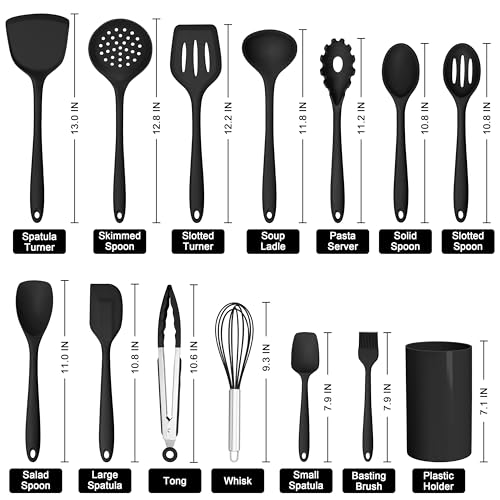 HaWare 14 PCS Silicone Cooking Utensils Set, Kitchen Utensils, Black - color: Black