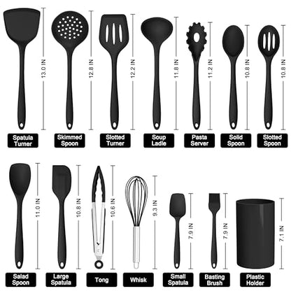 HaWare 14 PCS Silicone Cooking Utensils Set, Kitchen Utensils, Black - color: Black