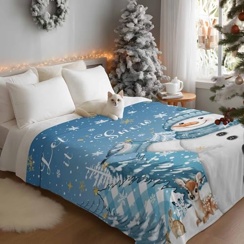 Blue Snowman Throw Blanket, Let Snow Christmas Super Soft Warm Flannel Blankets for Bed Couch Sofa Pine Trees Bird Winter Snow Scene Animal Lightweight Fluffy Plush Bed Throws 50x60 Inch - color: Blue White, size: 50''x60''
