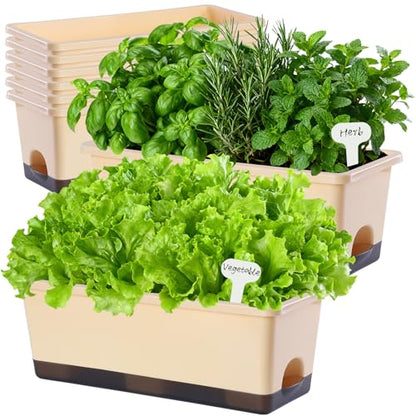 Window Box Planter 8 Pcs, 17 Inches Rectangle Flower Pots with Drainage Holes & Trays, Vegetable Planters for Windowsill Patio Garden Balcony Home Indoor Outdoor (Barley Yellow, 16 * 7 * 6 inch) - color: Barley Yellow