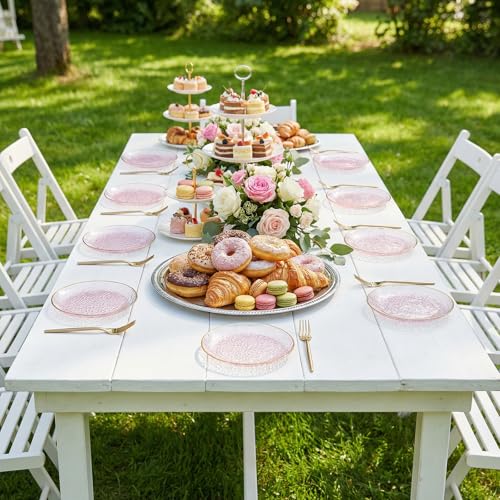 Rubtlamp 200Pcs Pink Plastic Dessert Plates with Gold Rim, 6inch Fancy Plastic Plates Include 100 Hammered Appetizer Plates and 100 Disposable Gold Forks for Party Teatime Birthday - color: Pink gold
