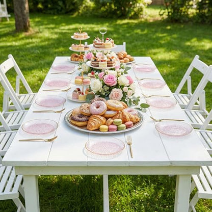 Rubtlamp 200Pcs Pink Plastic Dessert Plates with Gold Rim, 6inch Fancy Plastic Plates Include 100 Hammered Appetizer Plates and 100 Disposable Gold Forks for Party Teatime Birthday - color: Pink gold