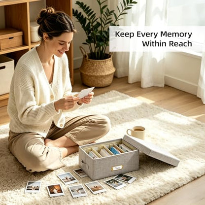 Collapsible Photo Storage Box, Adjustable Dividers - Beige, 28cm | Holds 850 Photos, Hook & Loop Dividers, Handle, Label Stickers - color: Beige, size: 11.22"x6.89"x5.12"