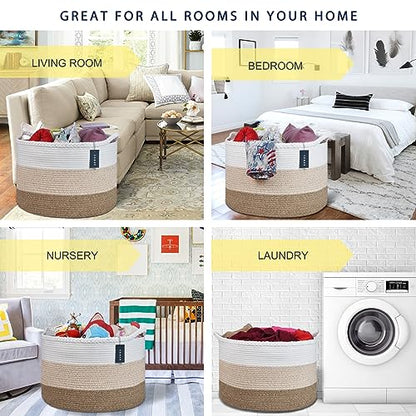 COMSE XXXLarge Woven Blanket & Laundry Basket, 87L, White & Gradient Brown | 21.7" x 13.8", Cotton Rope, Nursery Hamper for Storage of Toys Clothes Towels, Ideal for Living Room Bedroom Bathroom - color: White & Gradient Brown