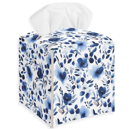 Sweet Blue Flower Watercolor Tissue Box Cover, Leather Tissue Box Holder Square Facial Paper Organizer Dispenser for Bathroom Kitchen Bedroom Vanity Countertop - color: Watercolor Flower