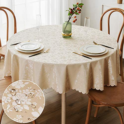 Smiry Round Waterproof Heavy Duty Vinyl Tablecloths, 60 x 60 Inch | Wipeable Washable Floral Embossed Table Cover for Kitchen and Dining Room, Indoor & Outdoor Use, Beige - color: Beige, size: 60" (Round)