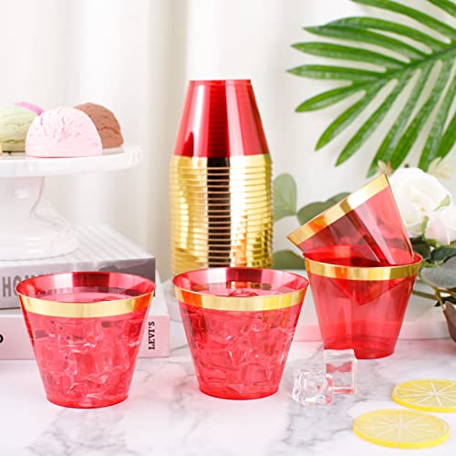 LUODA 150PCS Red Plastic Cups, 9oz Clear Red Disposable Cups with Gold Rim | Old Fashioned Tumblers Gold Rimmed Red Plastic Cups,Unbreakable cups for Any occasion: Weddings, Parties, Business Events - color: Red