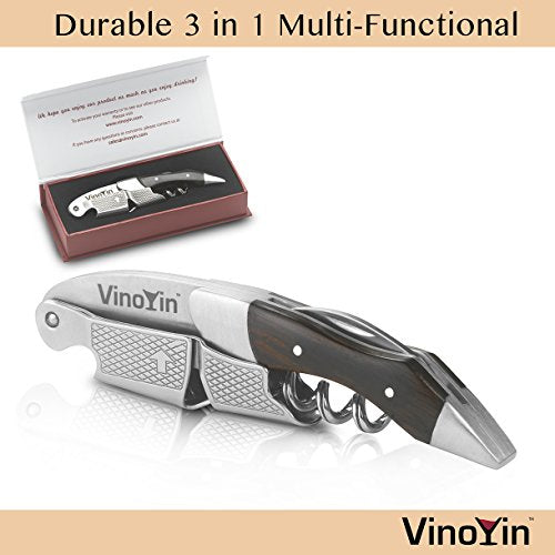 All In One Waiter's Corkscrew Gift Set - Stainless Steel with Ebony Wood Inlay - Includes Wine & Beer Bottle Opener and Foil Cutter, with Gift Box by VinoYin