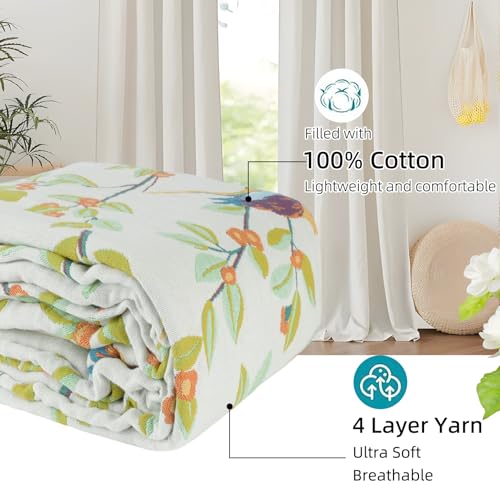 Boho Throw Blanket for Couch Bed, 100% Cotton Soft Rustic Quilt 60''x 80'', Super Soft Bohemian Decor Reversible Sofa Bed Chair Blanket Cover for All Seasons(Floral Bird)