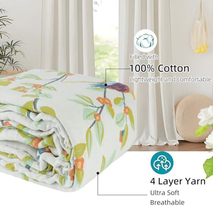 Boho Throw Blanket for Couch Bed, 100% Cotton Soft Rustic Quilt 60''x 80'', Super Soft Bohemian Decor Reversible Sofa Bed Chair Blanket Cover for All Seasons(Floral Bird)