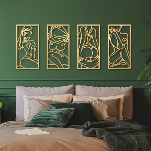 Bakovity Gold Metal Bathroom Wall Art Minimalist Line Art Wall Decor Gold Abstract Modern Wall Decor for Bathroom Living Room Bedroom (4 Pcs,17 x 9 in) - color: Gold