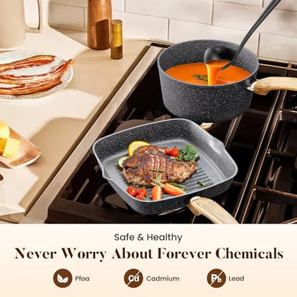 Kitchen Academy Granite Pots and Pans Set Non Stick, Induction Cookware | 17-Piece Gray Cooking Pans and Pots Set, PFOA & PFOS Free. - color: Gray, size: 17 PCS Cookware Set