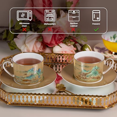 KAMMAK Tea Cups and Saucers Set of 2, Porcelain Coffee Cups, JBE009 | Stackable Espresso Mugs, Ceramic Demitasse for Coffee, Cappuccino, Latte, Americano, Tea - size: 8CZJBE009