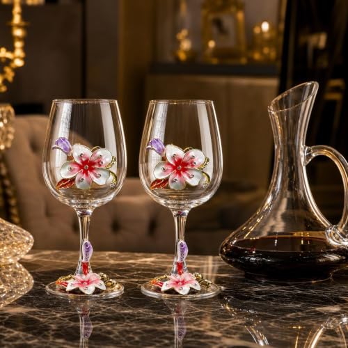 Comeon Flower Wine Glasses Hand Painted Wine Glasses Pink 2 Set | Handmade Enamels Pink Floral Design, Gift Box, Long Stem Crystal Red Wine Glasses, Transparent Glass - color: Pink/ 2 set (gift box)