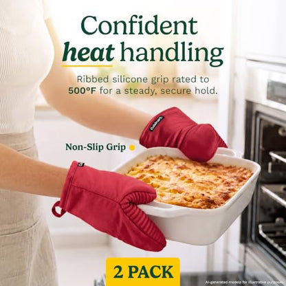 Cuisinart Mini Oven Mitts, 2-Pack 5"x8.5", Heat Resistant 500F | Compact pot holder for baking, air fryer, and cookware, silicone non-slip grip, hanging loop, fits either hand, wipes clean - color: Red