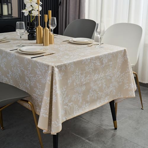 Pioggia Vinyl Tablecloth with Flannel Backing - Waterproof, Oil-Proof, Easy to Clean -Plastic Table Cloth - Perfect for Dining Tables, Kitchen Tables, Parties (Beige Leaves, 54×72 Inch Rectangular) - color: Beige Leaves, size: 72" x 54" (Rectangular)