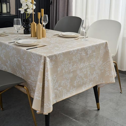 Pioggia Vinyl Tablecloth with Flannel Backing - Waterproof, Oil-Proof, Easy to Clean -Plastic Table Cloth - Perfect for Dining Tables, Kitchen Tables, Parties (Beige Leaves, 54×72 Inch Rectangular) - color: Beige Leaves, size: 72" x 54" (Rectangular)