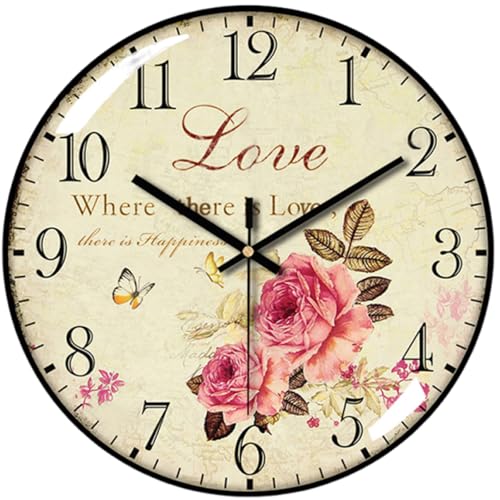 Decorative Wall Clock Battery Operated, 12-Inch Retro Vintage Floral Butterfly Pattern, Glass Dial, Silent Non-Ticking, Roman Numerals, for Living Room Bedroom Office - color: E