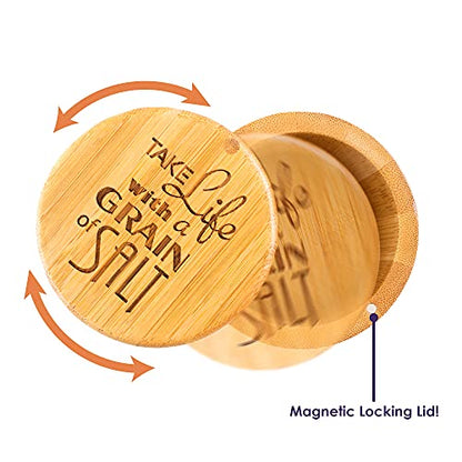 Totally Bamboo Salt Cellar Bamboo Storage Box with Magnetic Swivel Lid, 6 Ounce Capacity, "Take Life with a Grain of Salt" Engraved on Lid