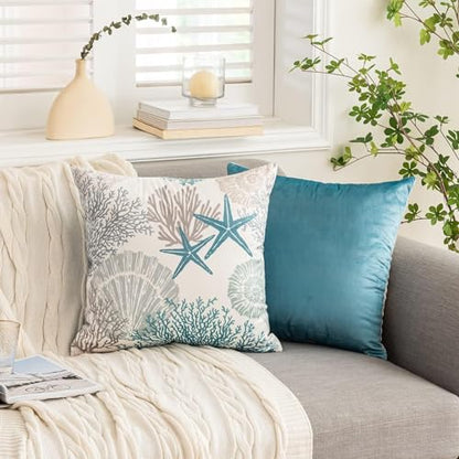 Coastal Pillow Covers Set of 2, 20x20, Blue | Soft Velvet Touch, Beach Nautical Starfish Ocean Themed, Decorative Pillow Cases for Bedroom Living Room Sofa - size: 20" x 20" (Pack of 2)
