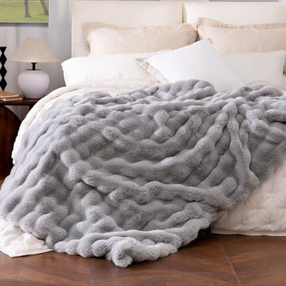 Ultra Soft Cozy Faux Fur Throw Blanket, Fuzzy Plush Thick Bubble Blanket, Oversize Luxury Fluffy Blanket for Couch, Bed, and Living Room, 60x80 Inches, Light Grey - color: Bubble Light Grey, size: Twin