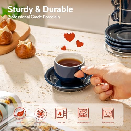 Sweese 4 Ounce Porcelain Stackable Espresso Cups with Saucers and Metal Stand Set of 4, Navy - color: Navy, size: 4 Ounces