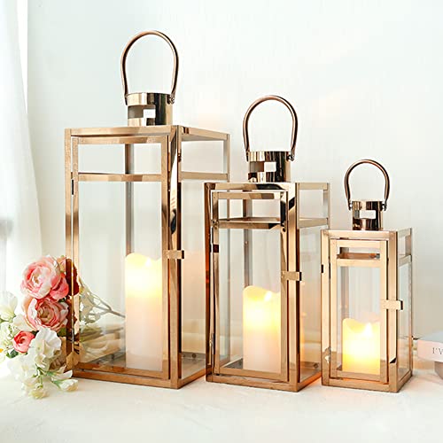 TRIROCKS Set of 3 Stainless Steel Candle Lantern 19/15/12'' High Metal Candle Holder with Tempered Glass Panels Perfect for Home Decor Living Room Parties Events Tabletop Indoors Outdoors (Rose Gold) - color: Rose Gold, size: Large